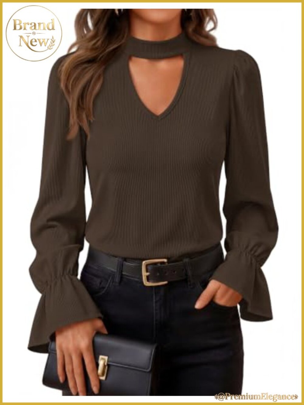 Women Cutout Mock Neck Puff Long Sleeve Knit Blouse Top